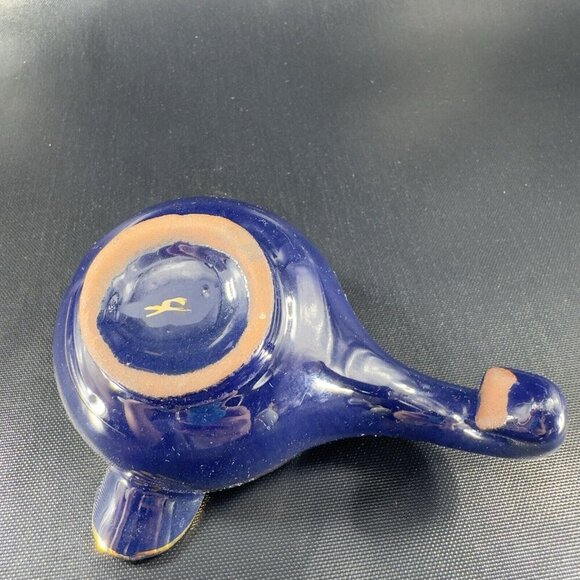 Vintage Pottery RedWare Pitcher Gravy Boat W Handle Hand Painted Cobalt Blue VTG - Picture 8 of 15